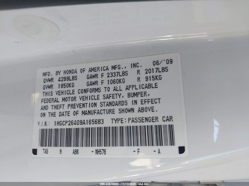 2009 Honda Accord 2.4 Lx-P VIN: 1HGCP26409A165683 Lot: 43676500