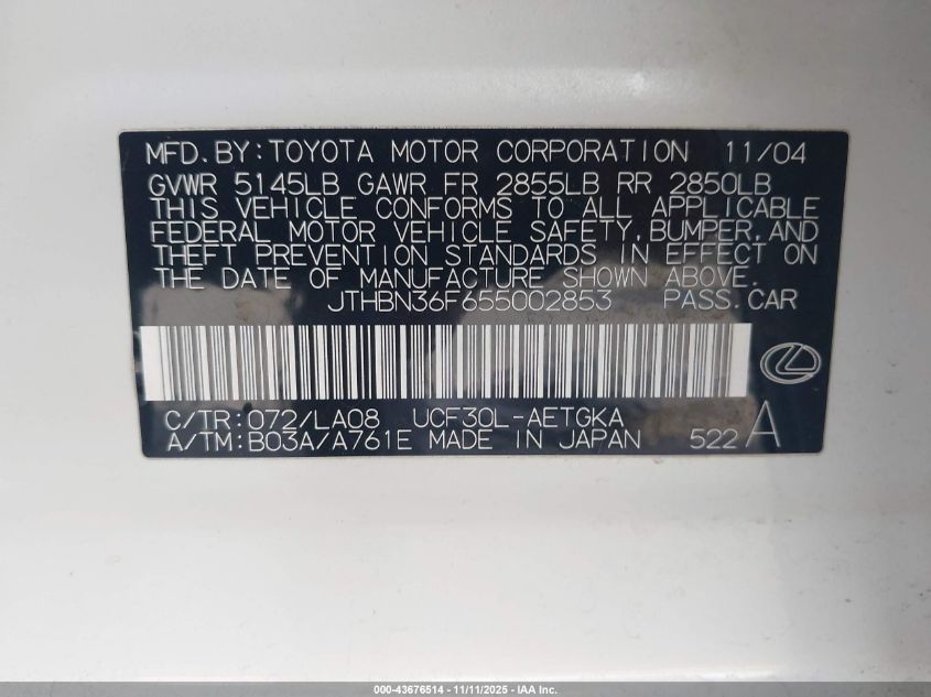 2005 Lexus Ls 430 VIN: JTHBN36F655002853 Lot: 43676514