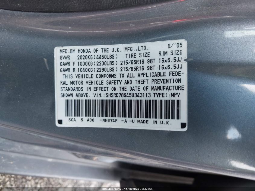 2005 Honda Cr-V Se VIN: SHSRD78945U343113 Lot: 43676517