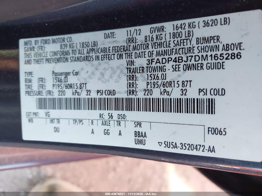 2013 Ford Fiesta Se VIN: 3FADP4BJ7DM165286 Lot: 43676521