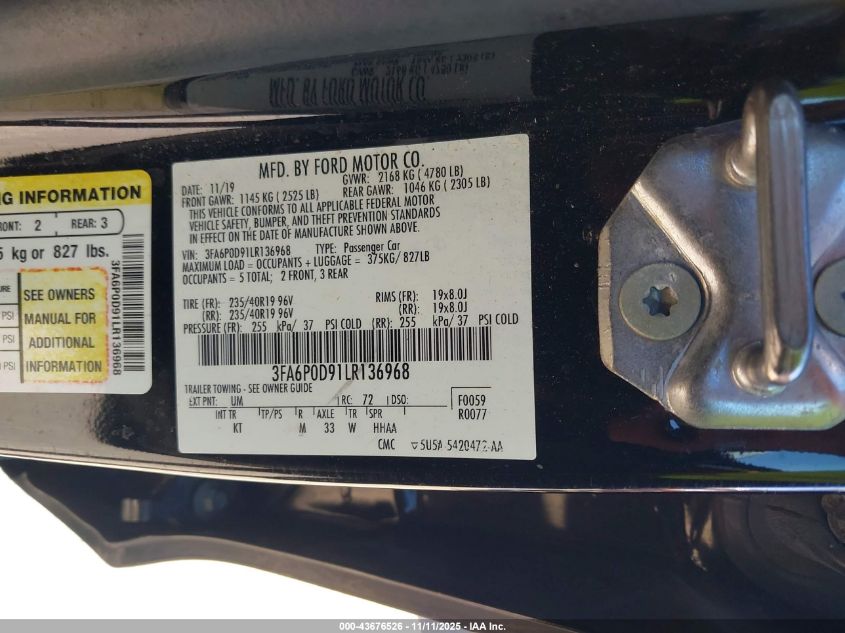 2020 Ford Fusion Titanium VIN: 3FA6P0D91LR136968 Lot: 43676526