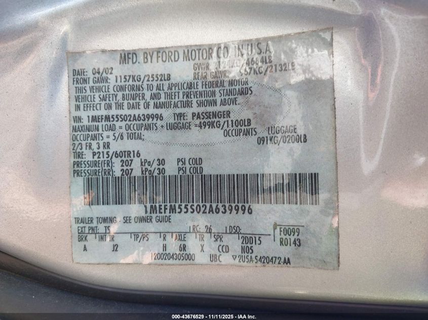 2002 Mercury Sable Ls Premium VIN: 1MEFM55S02A639996 Lot: 43676529