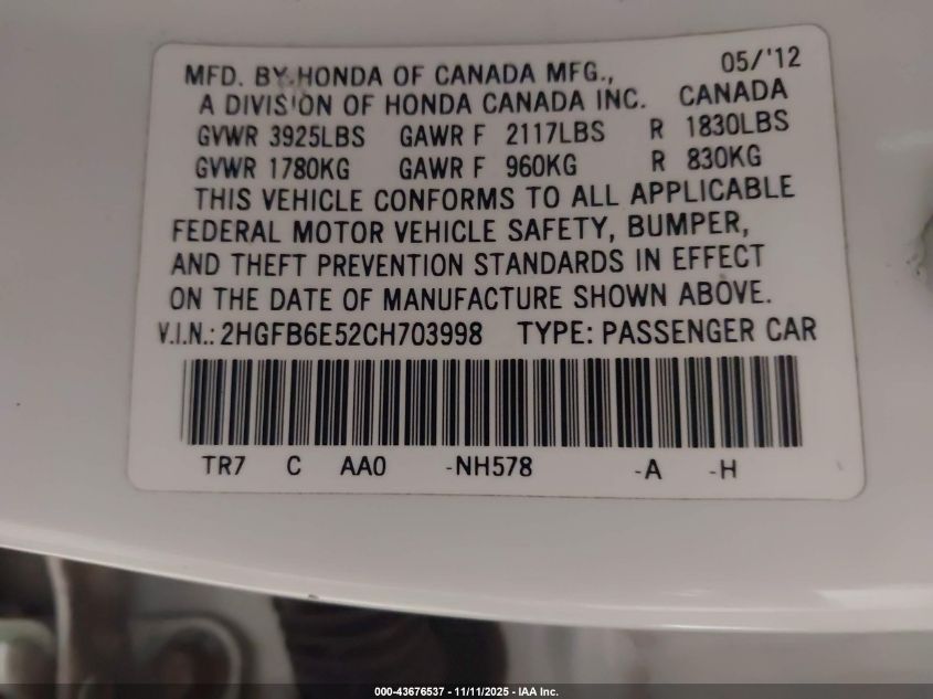 2012 Honda Civic Si VIN: 2HGFB6E52CH703998 Lot: 43676537