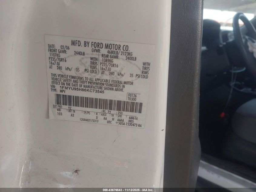 2006 Ford Escape Hybrid VIN: 1FMYU95H86KC73545 Lot: 43676543