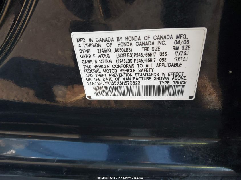 2006 Honda Ridgeline Rtl VIN: 2HJYK165X6H570822 Lot: 43676553