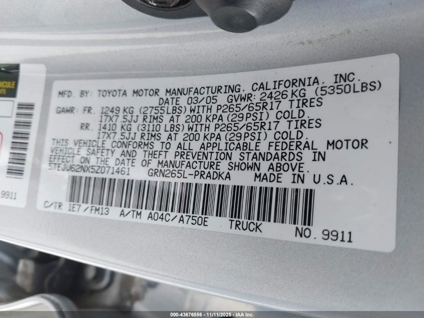 2005 Toyota Tacoma Prerunner V6 VIN: 5TEJU62NX5Z071461 Lot: 43676556