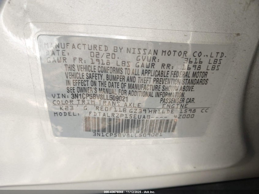 VIN 3N1CP5BV8LL509021 2020 NISSAN KICKS S XTRONIC CVT