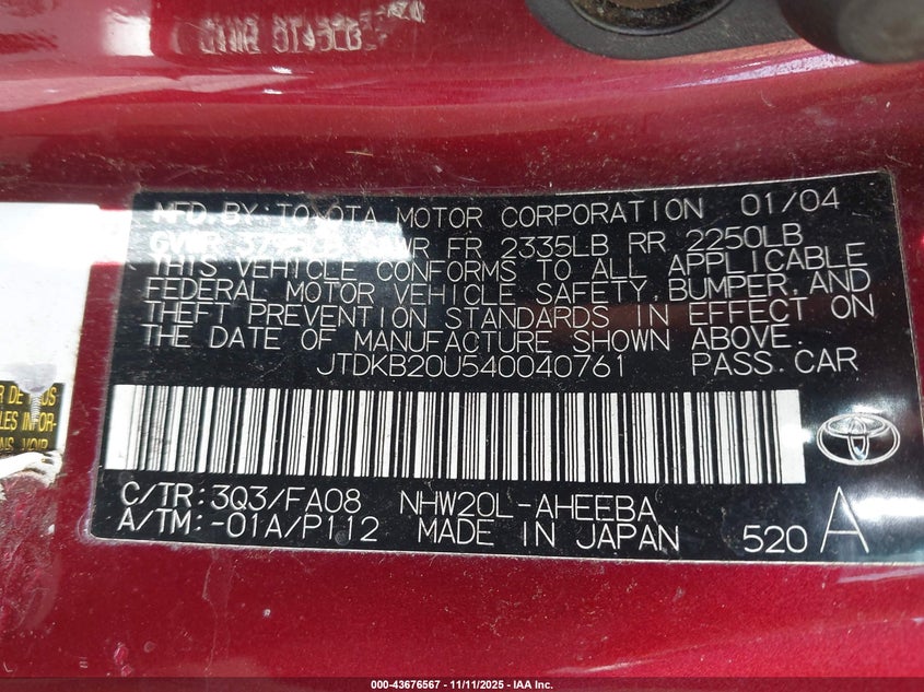 2004 Toyota Prius VIN: JTDKB20U540040761 Lot: 43676567