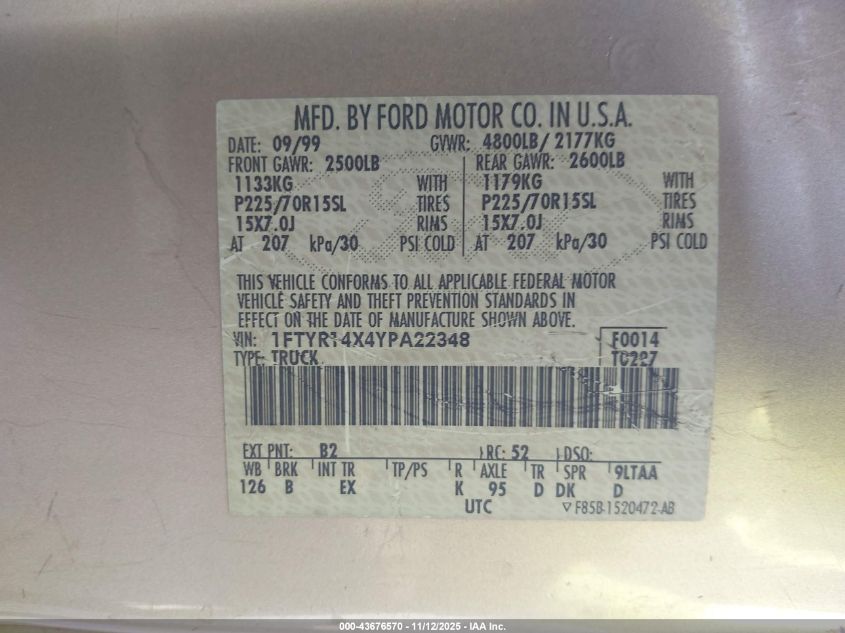 2000 Ford Ranger Xlt VIN: 1FTYR14X4YPA22348 Lot: 43676570
