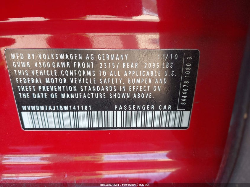 2011 Volkswagen Golf Tdi 4-Door VIN: WVWDM7AJ1BW141181 Lot: 43676581