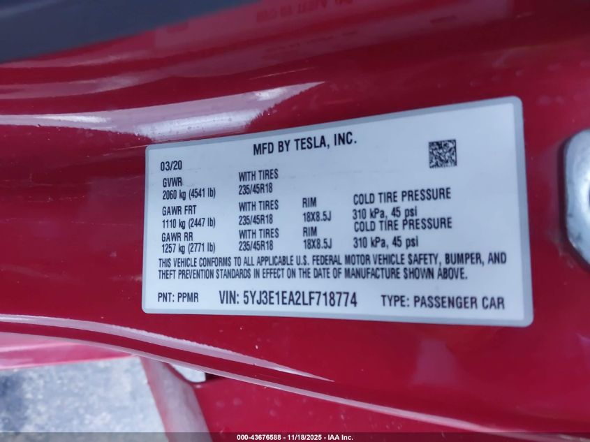 2020 Tesla Model 3 Standard Range Plus Rear-Wheel Drive/Standard Range Rear-Wheel Drive VIN: 5YJ3E1EA2LF718774 Lot: 43676588