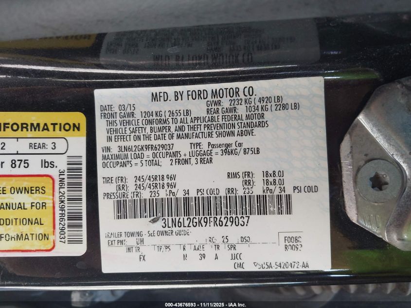 2015 Lincoln Mkz VIN: 3LN6L2GK9FR629037 Lot: 43676593