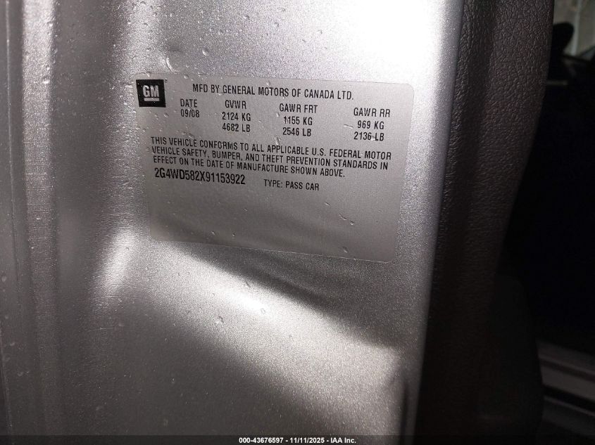 2009 Buick Lacrosse Cxl VIN: 2G4WD582X91153922 Lot: 43676597