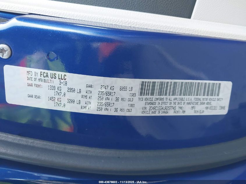 2018 Chrysler Pacifica Touring L Plus VIN: 2C4RC1EG4JR257745 Lot: 43676603