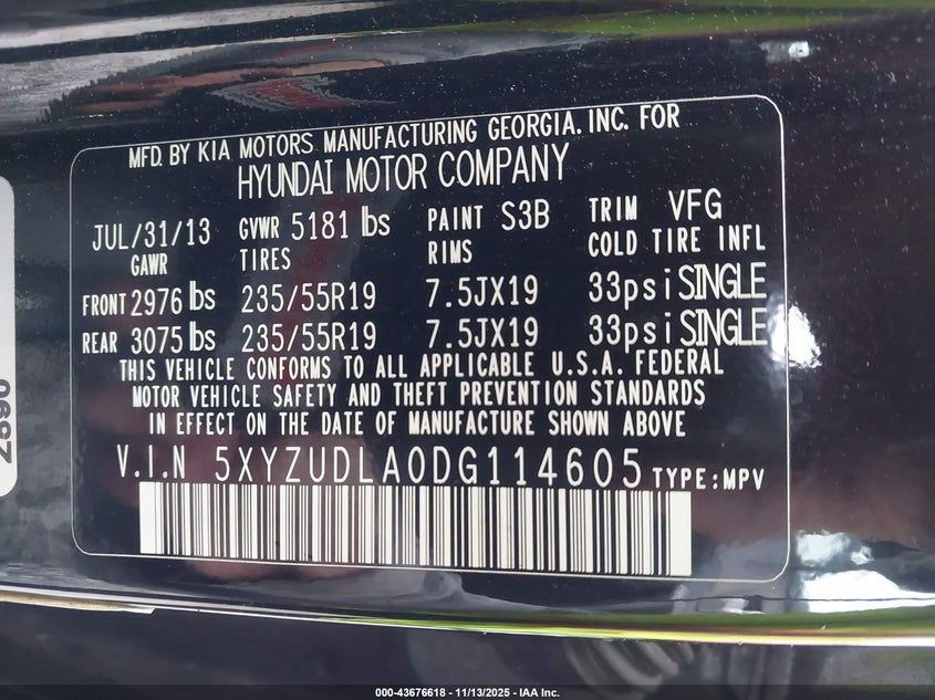 2013 HYUNDAI SANTA FE SPORT 2.0T 5XYZUDLA0DG114605