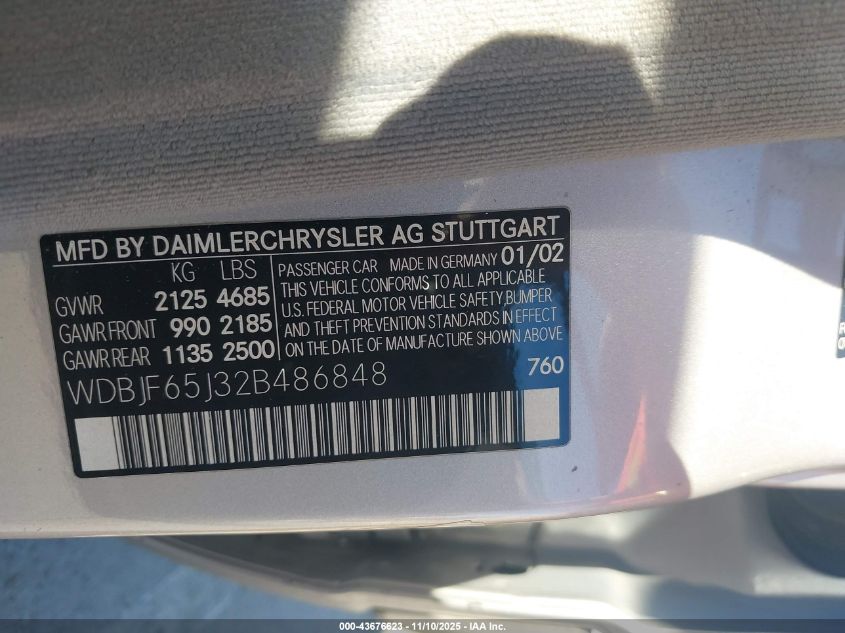 2002 Mercedes-Benz E 320 Special Edition VIN: WDBJF65J32B486848 Lot: 43676623