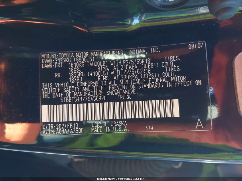 2007 Toyota Tundra Sr5 4.7L V8 VIN: 5TBBT54177S456920 Lot: 43676625