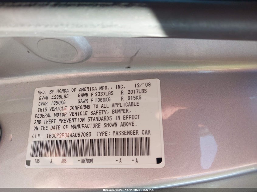 1HGCP2F34AA067090 2010 HONDA ACCORD photo no. 9