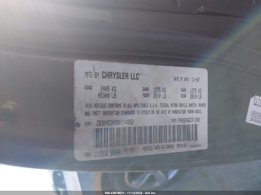 2008 Dodge Charger R/T VIN: 2B3KA53H58H174952 Lot: 43676631