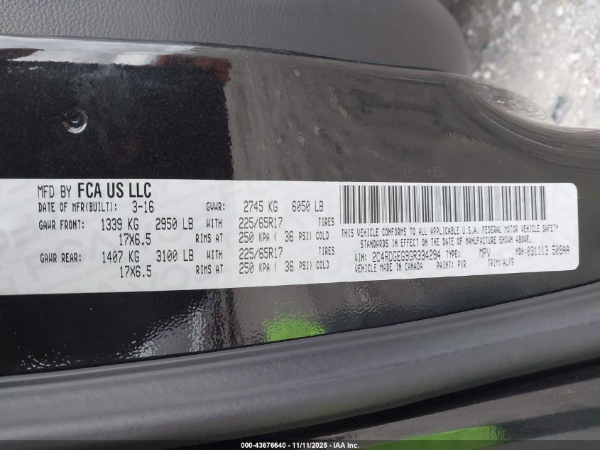 2016 Dodge Grand Caravan R/T VIN: 2C4RDGEG9GR334294 Lot: 43676640