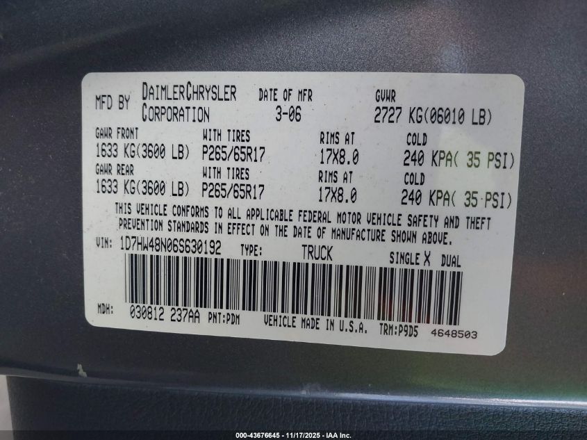2006 Dodge Dakota Slt VIN: 1D7HW48N06S630192 Lot: 43676645