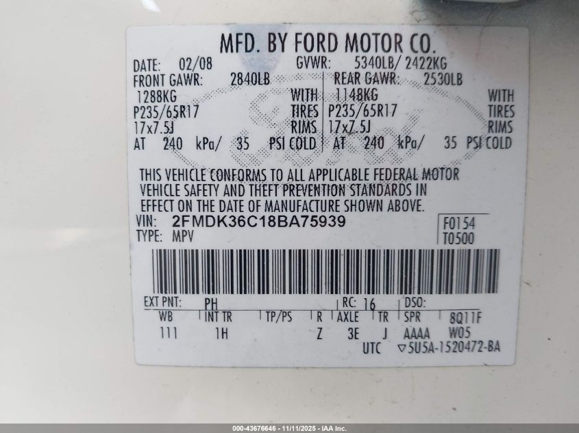2008 Ford Edge Se VIN: 2FMDK36C18BA75939 Lot: 43676646