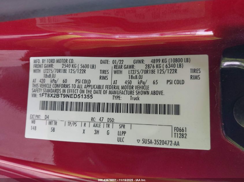 2022 Ford F-250 Lariat VIN: 1FT8X2BT9NED51355 Lot: 43676651