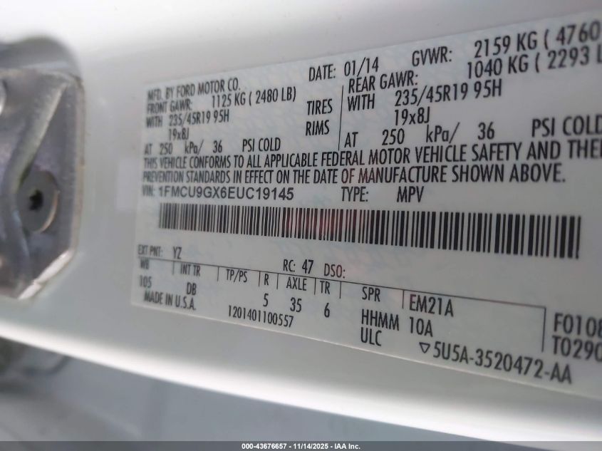 2014 Ford Escape Se VIN: 1FMCU9GX6EUC19145 Lot: 43676657