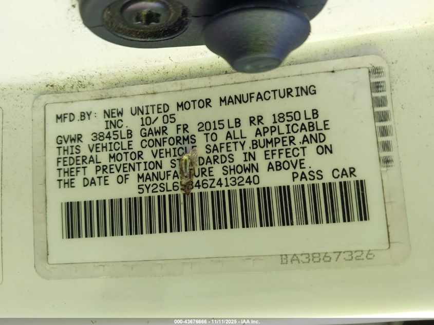 2006 Pontiac Vibe VIN: 5Y2SL65846Z413240 Lot: 43676666