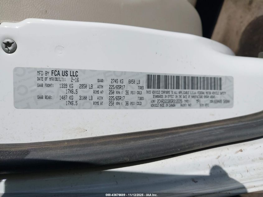 2016 Dodge Grand Caravan Sxt VIN: 2C4RDGCG8GR312225 Lot: 43676689