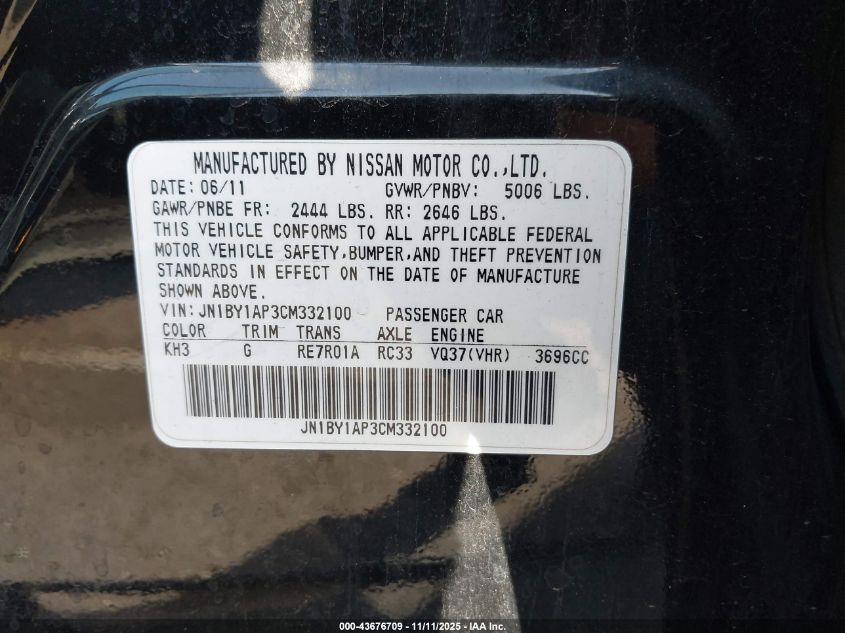 2012 Infiniti M37 VIN: JN1BY1AP3CM332100 Lot: 43676709