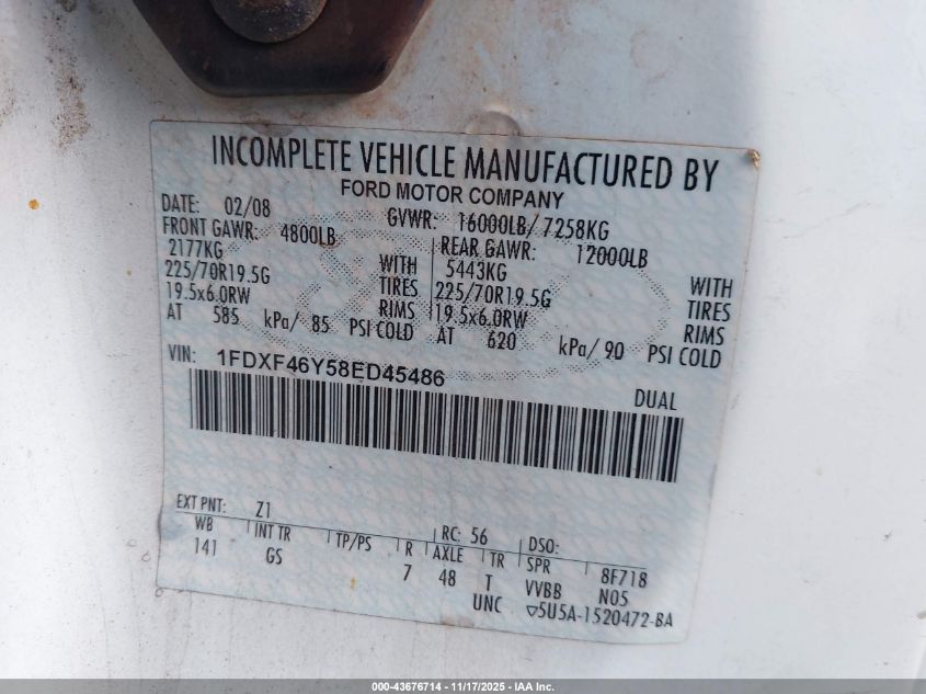 2008 Ford F-450 Chassis Xl/Xlt VIN: 1FDXF46Y58ED45486 Lot: 43676714