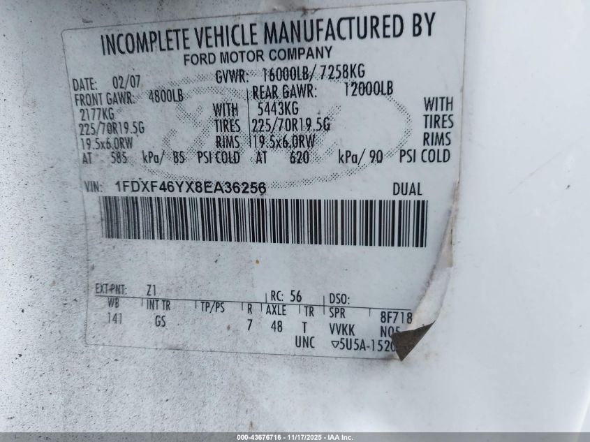 2008 Ford F-450 Chassis Xl/Xlt VIN: 1FDXF46YX8EA36256 Lot: 43676716