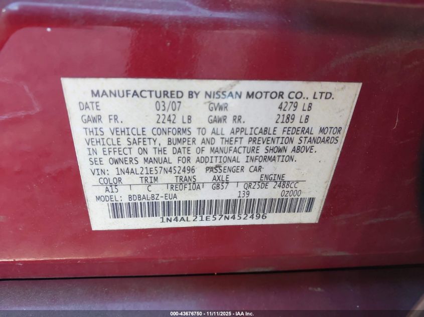 2007 Nissan Altima 2.5 S VIN: 1N4AL21E57N452496 Lot: 43676750