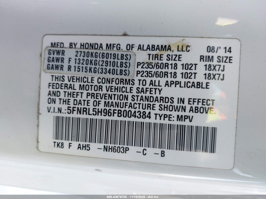 2015 HONDA ODYSSEY TOURING/TOURING ELITE 5FNRL5H96FB004384