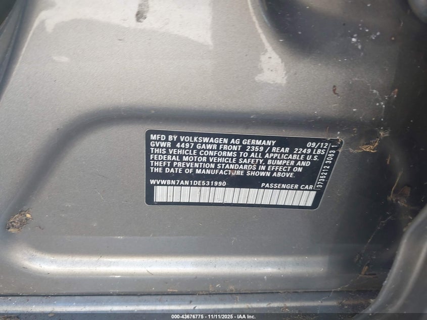 2013 VOLKSWAGEN CC 2.0T SPORT - WVWBN7AN1DE531990