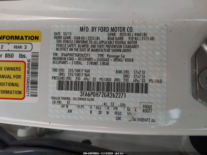 2016 Ford Fusion Se VIN: 3FA6P0H72GR262271 Lot: 43676804