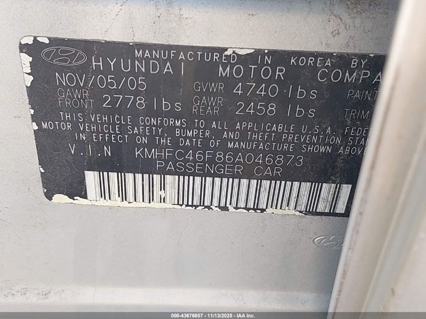 2006 Hyundai Azera Limited/Se VIN: KMHFC46F86A046873 Lot: 43676807