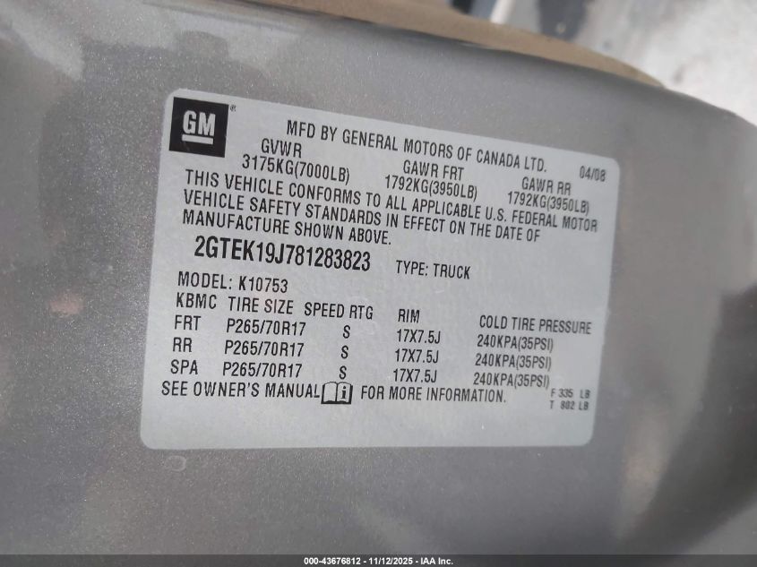 2008 GMC Sierra 1500 Sle2 VIN: 2GTEK19J781283823 Lot: 43676812