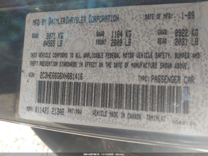 1999 Chrysler 300M VIN: 2C3HE66G6XH681416 Lot: 43676815