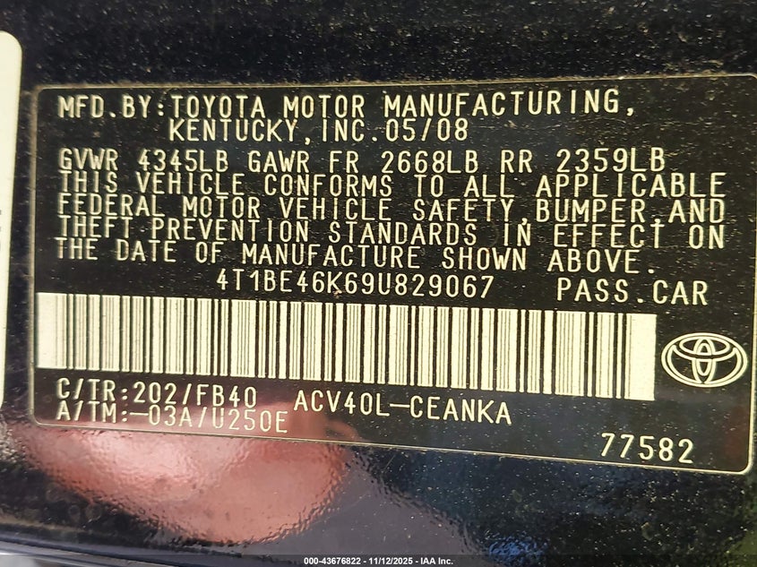 4T1BE46K69U829067 2009 TOYOTA CAMRY photo no. 9