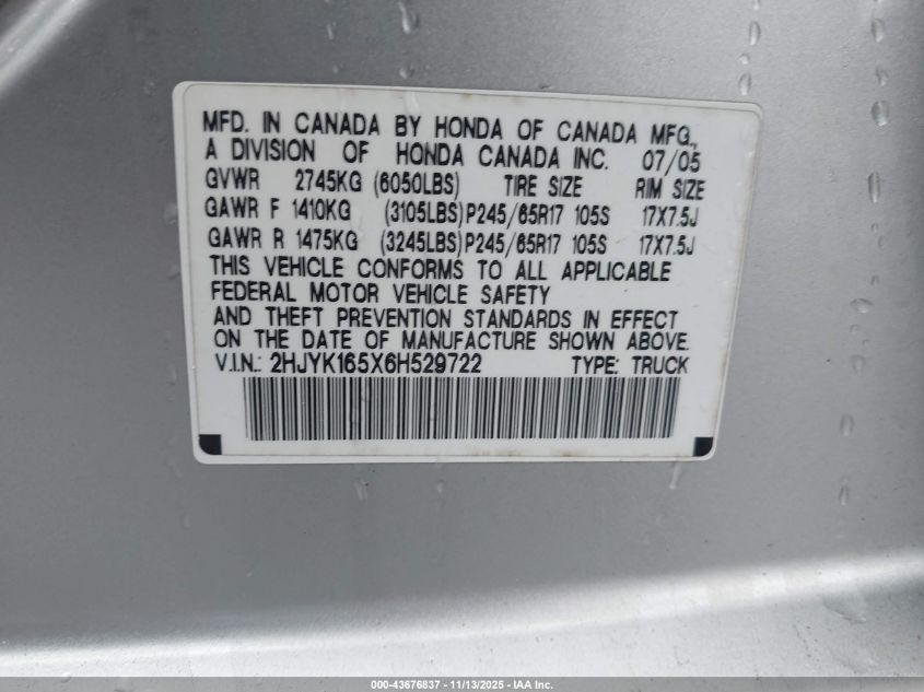 2006 Honda Ridgeline Rtl VIN: 2HJYK165X6H529722 Lot: 43676837