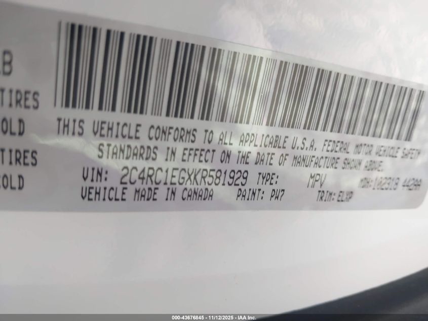 2019 Chrysler Pacifica Touring L Plus VIN: 2C4RC1EGXKR581929 Lot: 43676845