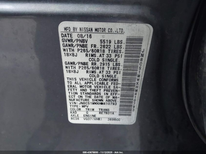 2017 Infiniti Qx70 VIN: JN8CS1MWXHM410793 Lot: 43676850