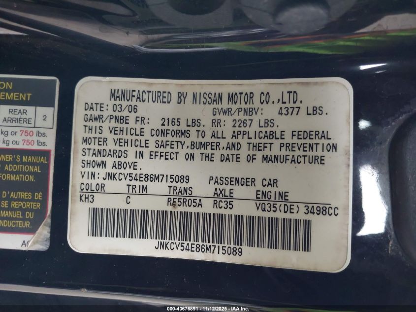 2006 Infiniti G35 VIN: JNKCV54E86M715089 Lot: 43676891