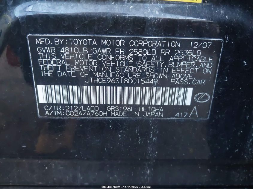 2008 Lexus Gs 350 VIN: JTHCE96S180015449 Lot: 43676921