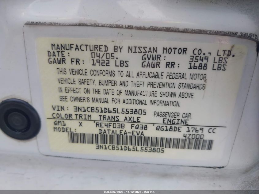 2005 Nissan Sentra 1.8S VIN: 3N1CB51D65L553805 Lot: 43676923