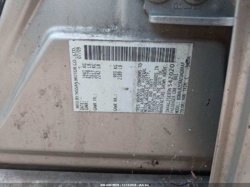 2009 Nissan Altima 2.5 S VIN: 1N4AL21E89N542020 Lot: 43676926