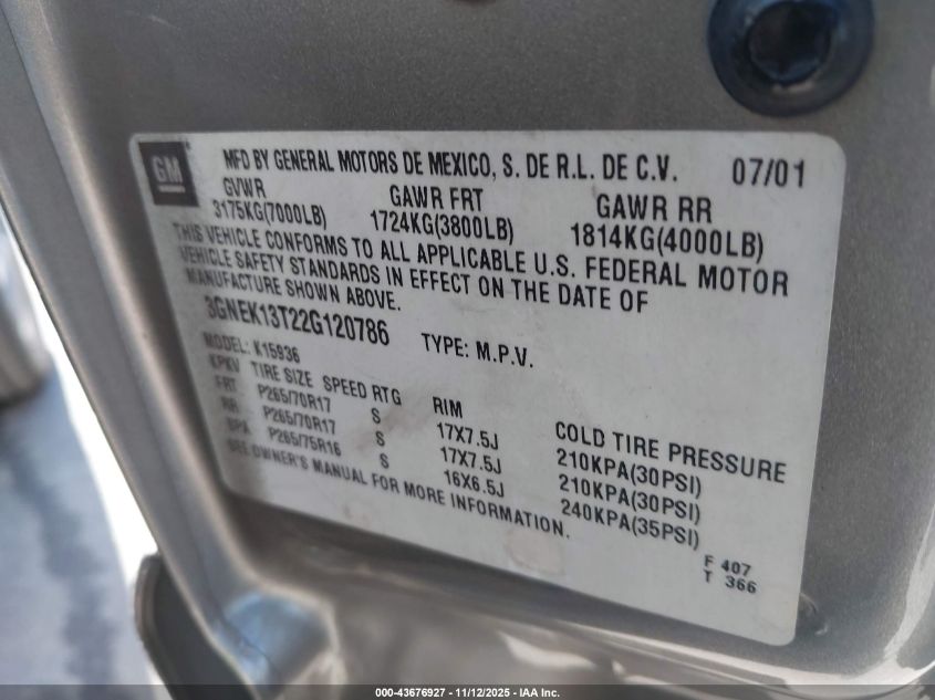 2002 Chevrolet Avalanche 1500 VIN: 3GNEK13T22G120786 Lot: 43676927