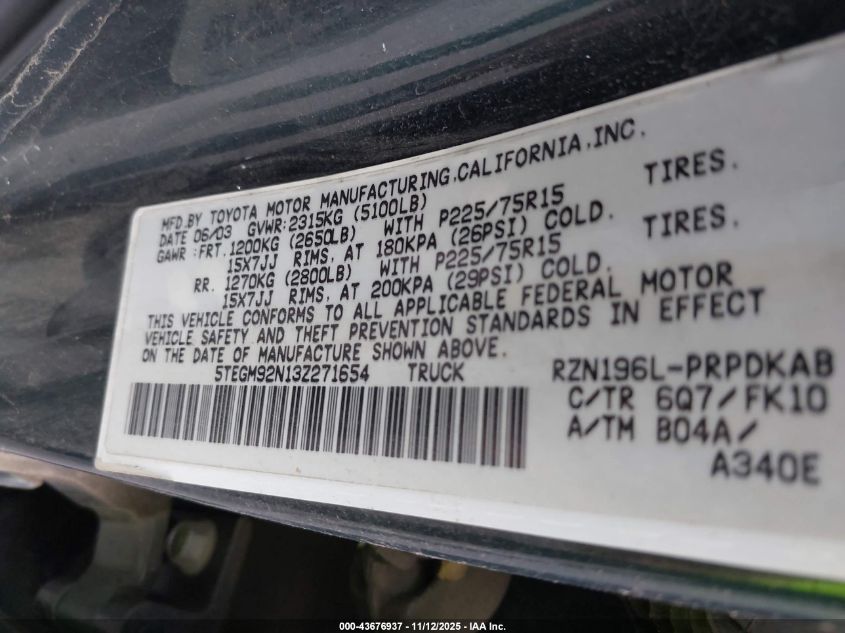 2003 Toyota Tacoma Prerunner VIN: 5TEGM92N13Z271654 Lot: 43676937